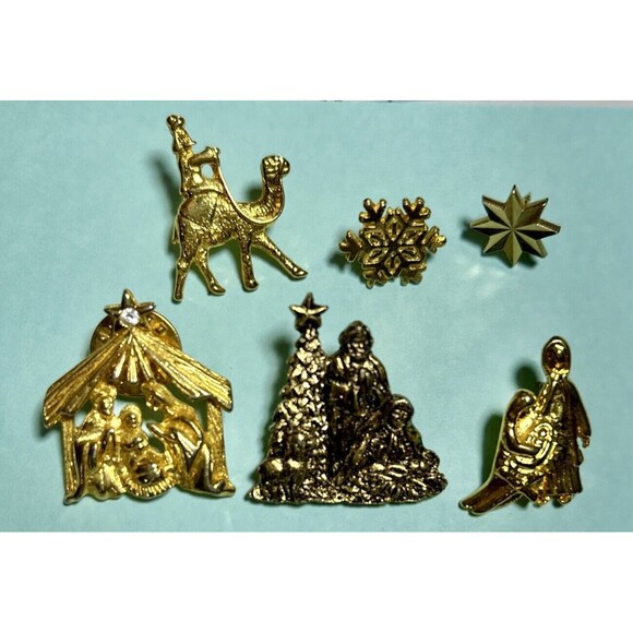 6 Christmas Pins Nativity Scenes, Magi ,Star S-Gold Tone Pins & Tie Tack - Picture 1 of 4